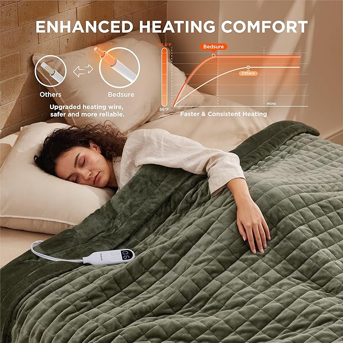Bedsure Electric Blanket Twin - Quilted Heated Blanket Twin Size, Soft Flannel Thick Heating Blanket with 10 Time Settings & 6 Heat Settings, Warm Gifts for Women Men (62x84 inches, Olive Green)