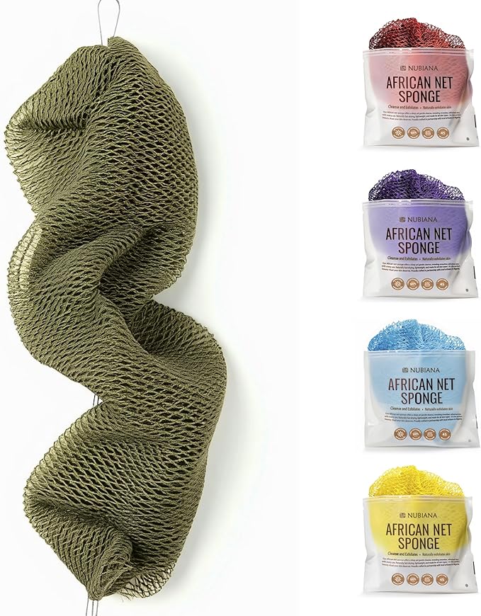 Nubiana African Net Sponge Authentic - 45 Inch Exfoliating Body Sponge from Nigeria - Natural Bath Sponge for Smooth Soft Skin - Long Lasting Quick-Drying - Single Pack (Olive Green)