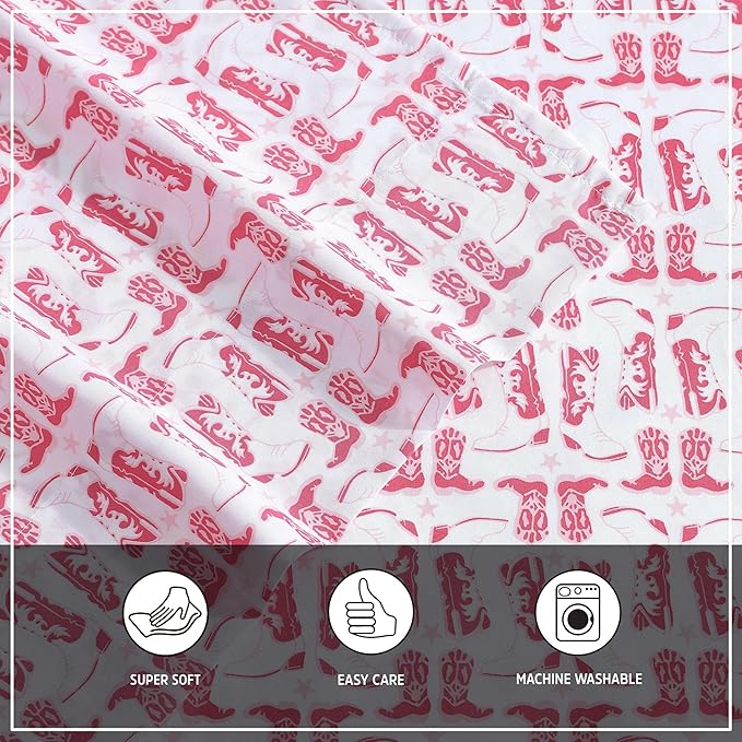 Wrangler - Queen Bed Sheets, Ultra-Soft & Lightweight Bedding with Matching Pillowcases, Lightweight Bed Set for All Season Comfort, Oeko-Tex Certified (Knockin Boots Pink)