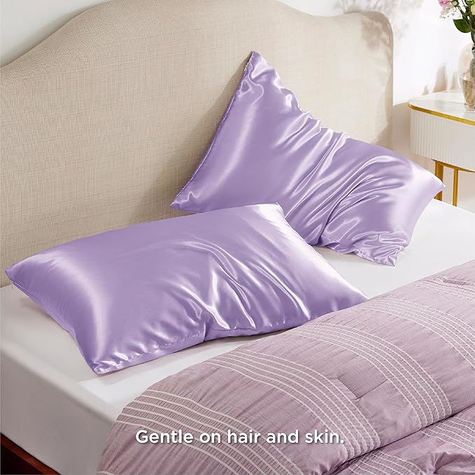 Bedsure Satin Pillowcase with Zipper, Similar to Silk Pillow Cases 2 Pack, Silky & Soft Satin Pillow Cases Standard Size for Hair and Skin, Lavender Pillow Covers, Gifts for Women Men, 20x26 Inches