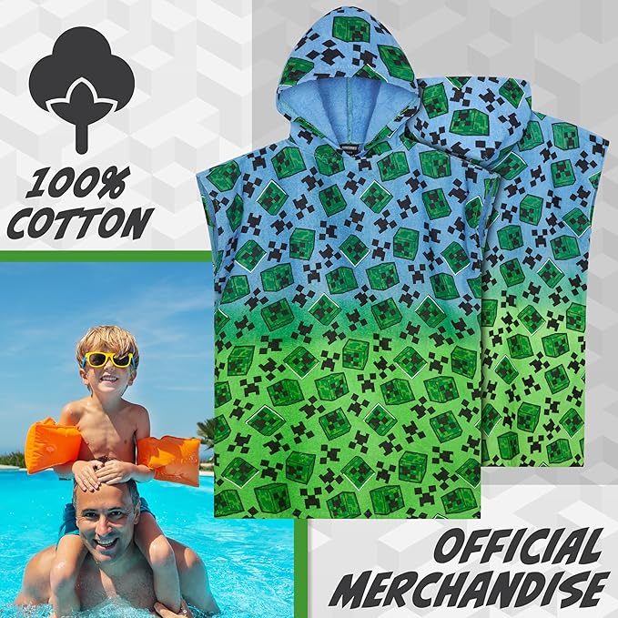 Minecraft Towelling Poncho Kids Teens Hooded Bath Towels Absorbent Beach Towel (Multi, 10-13 Years)