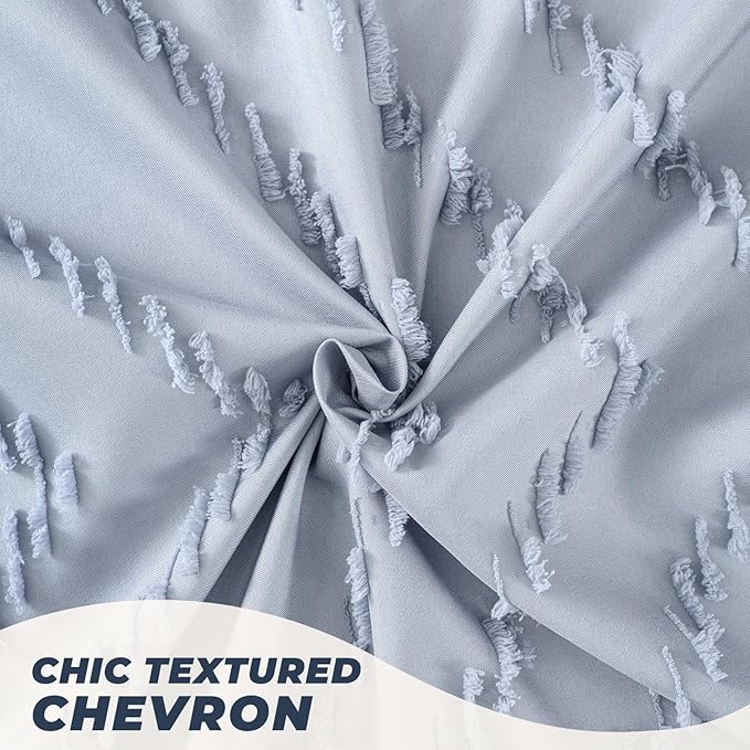78inches Long Light Blue Boho Fabric Shower Curtain Tufted Chevron Striped Textured Cloth Curtains for Bathroom, Fog Blue