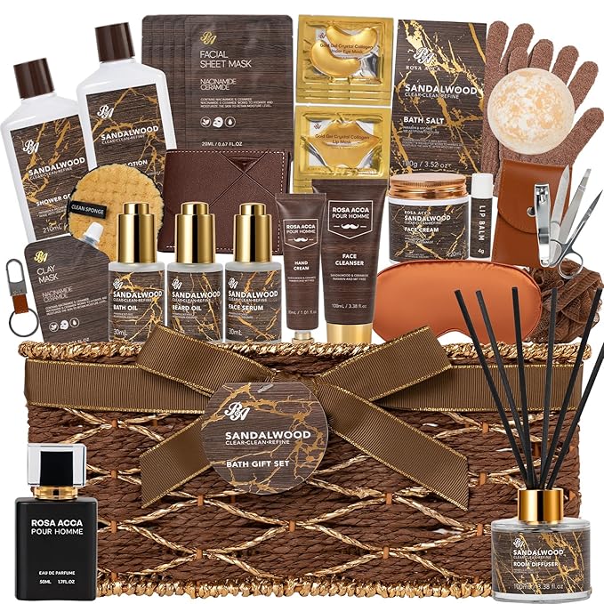 36 Pcs Christmas Gifts For Men, Sandalwood Bath & Body Gift Basket, Beard Grooming Set, Face Skin Care Kit, Men Home Spa Gift, Bath Bomb, Bear Oil, Birthday, Valentines, Father's Day, Dad, Anniversary