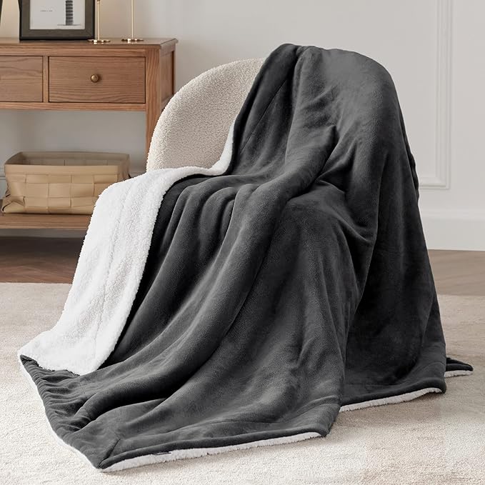 Bedsure GentleSoft Sherpa Fleece Throw Blanket for Couch - Thick and Warm Throw for Women and Men, Soft Fuzzy Plush Car Blanket for Winter, Charcoal, 50x60 Inches