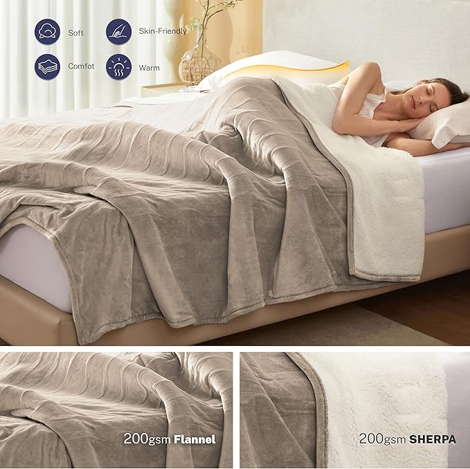 Electric Blanket Throw 50"x60" Heated Electric Blankets 10 Heating Levels 12 Time Settings 3 Hours Auto Off Fast Heating and Overheat Protection ETL Certified Machine Washable,Light Brown