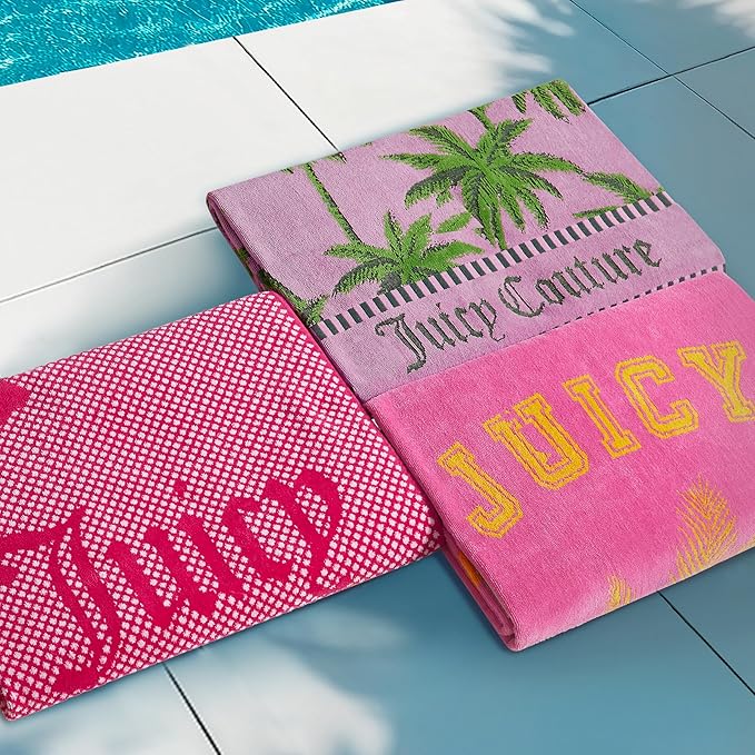 Juicy Couture Pink Flamingo 36" x 72" 100% Cotton Oversized Beach Towel - Soft, Absorbent, and Quick-Drying, Perfect for Beach, Pool, or Travel