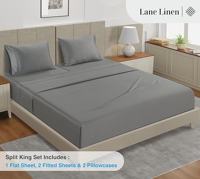 LANE LINEN Split King Sheets for Adjustable Bed – 450 Thread Count 100% Cotton, Soft & Cooling Sateen Weave, 15” Deep Pocket Fully Elasticized Fitted Sheet, Fade-Resistant Bedding, Paloma