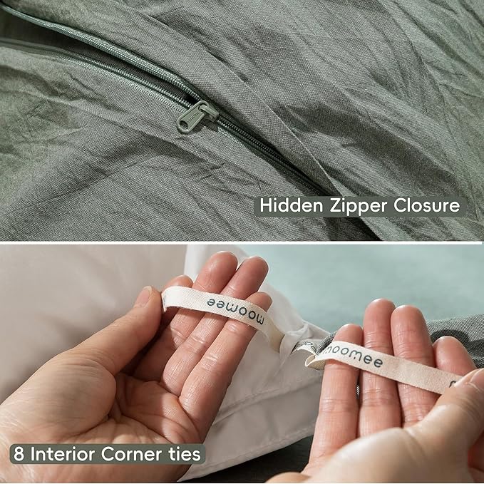 MooMee Bedding Duvet Cover Set 100% Washed Cotton Linen Like Textured Breathable Durable Soft Comfy (Heathered Green, Full 80"x90")