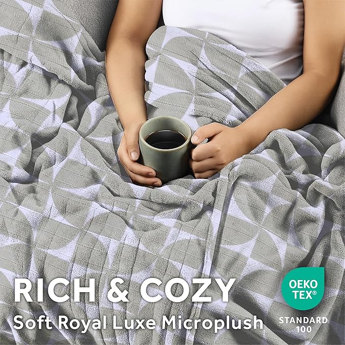 Sunbeam Royal Luxe Microplush Heated Throw Electric Blanket, 50" x 60", 4-Hour Auto Shut-Off,Fast Heating, Machine Washable, Warm and Cozy, Grey Geometric