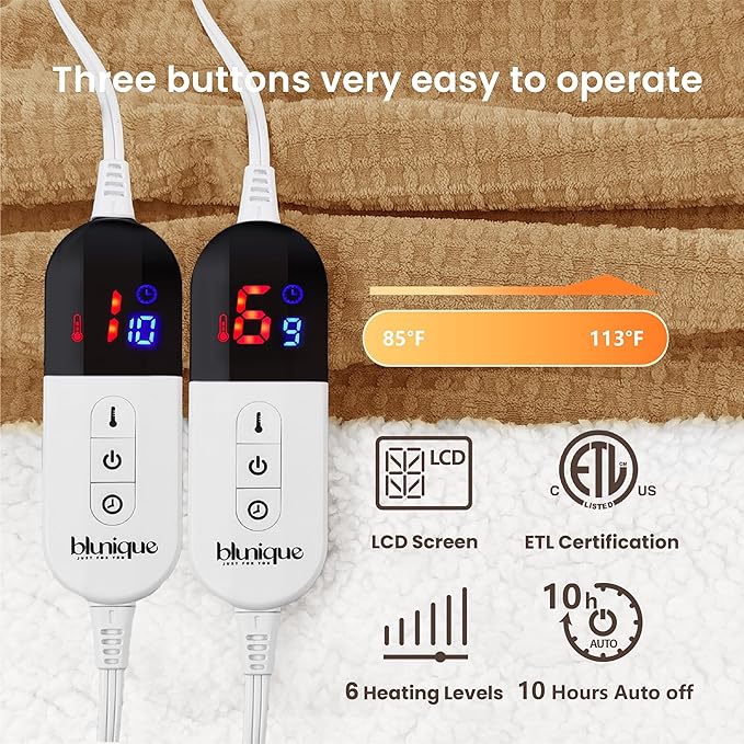 Heated Blanket Electric Blanket Queen Waffle, 84x90 Inches Dual Controllers Sherpa Fleece Fast Heating Blanket 6 Heating Levels & 10 Hours Auto Off ETL Certification, Caramel Queen