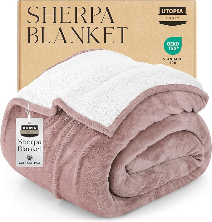 Utopia Bedding Sherpa Blanket Twin Size (Rose Pink, 90x66 Inches) - Soft Lightweight Plush Fleece Reversible Blanket for Bed, Sofa, Couch, Camping and Travel