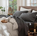 MooMee Bedding Sheet Set 100% Washed Cotton Linen Like Textured Breathable Durable Soft Comfy (Heathered Dark Grey, Queen)