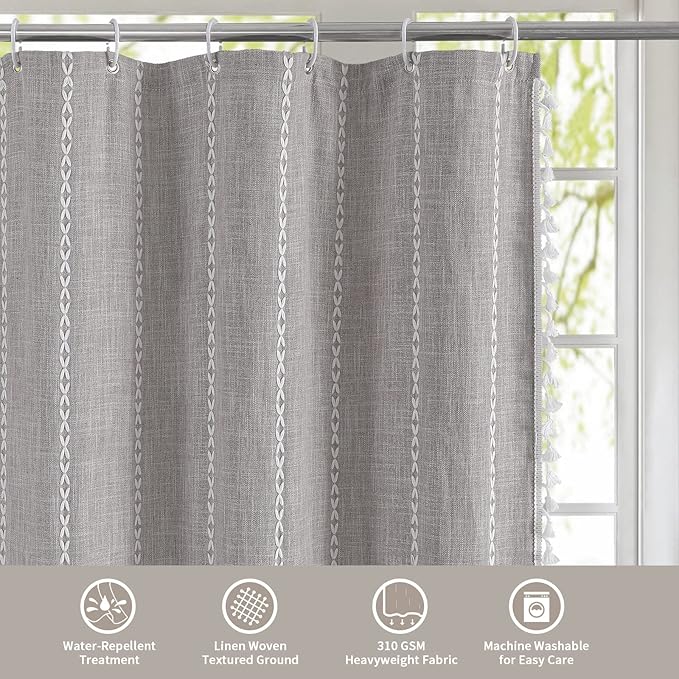 MitoVilla Boho Extra Long Shower Curtain 72 x 84, 84 inch XL Cotton Linen Tassel Fabric Shower Curtains for Vintage Country Farmhouse Bathroom Decor, Thick & Wrinkle Resistant, Brown Grey