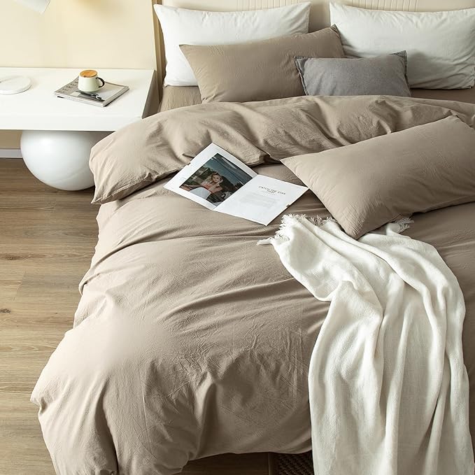 JIYUAN 100% Washed Cotton Duvet Cover Set 3 Pieces Super King, 1 Duvet Cover 108x98 Inches(Comforter Not Included) and 2 Pillowcases,Linen Feel Bedding Set Comfy and Breathable,Khaki