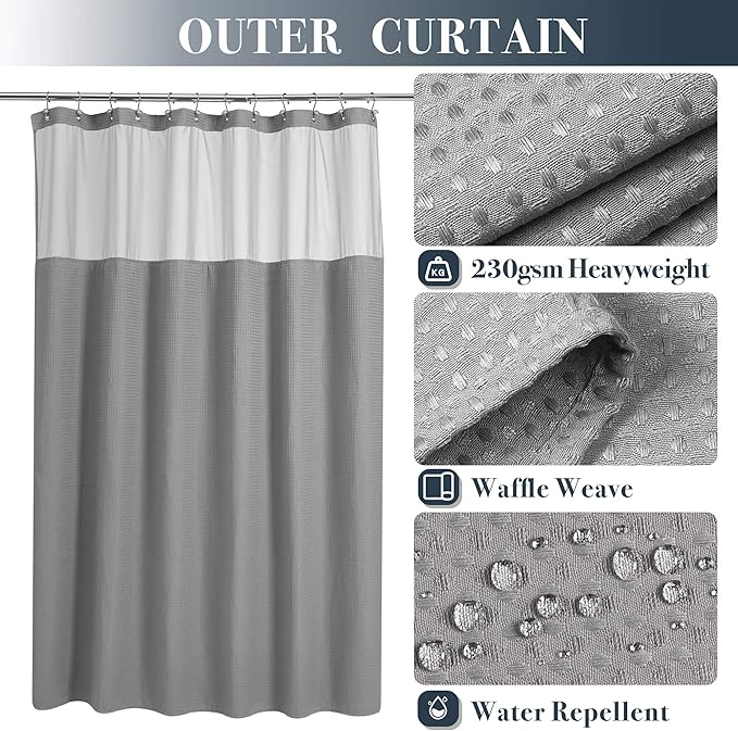 N&Y HOME Long Waffle Weave Shower Curtain with Snap-in Fabric Liner and 12 Hooks Set - 71" x 78", Hotel Style & Mesh Top Window, Machine Washable, Water Repellent - 71x78, Gray