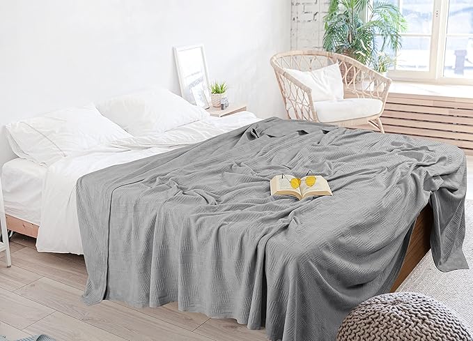 Utopia Bedding Cool Grey 100% Cotton Blanket [Queen Size - 90x90 Inch] 350GSM Lightweight, Soft and Breathable Thermal Blanket for All Seasons