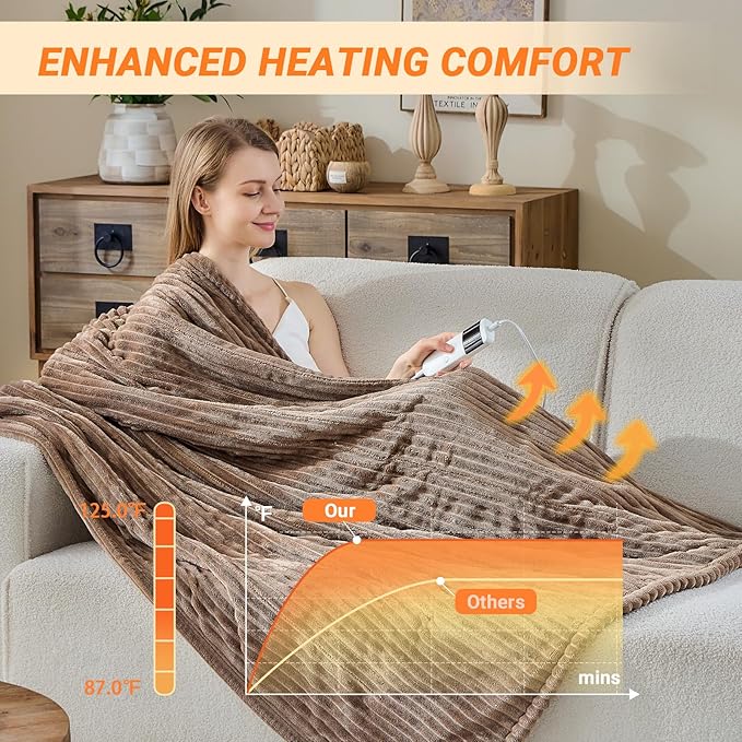 Heated Blanket Electric Throw, Soft Flannel Heating Blanket with 8 Hours Auto Off 10 Fast Heating Levels Machine Washable Sherpa Heated Blanket with Overheating Protection