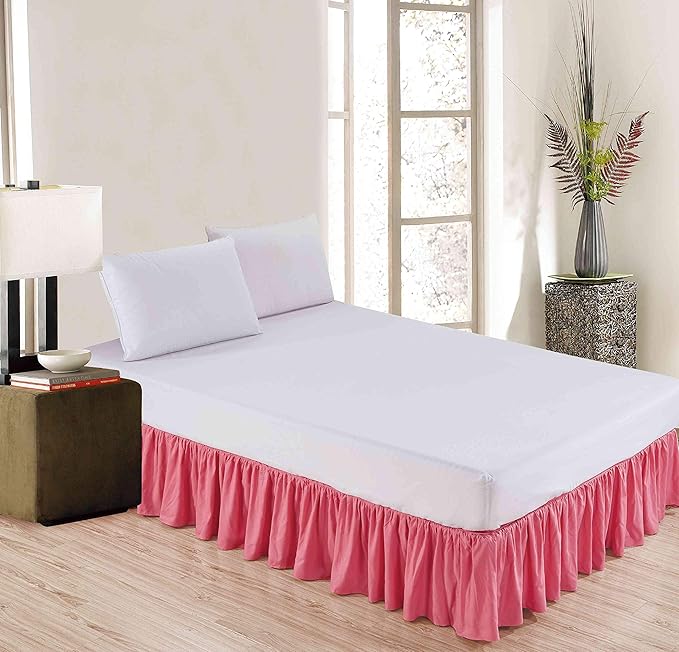 Sheets & Beyond Wrap Around Solid Microfiber Luxury Hotel Quality Fabric Bedroom Gathered Ruffled Bedding Bed Skirt 14 Inch Drop (Queen, Pink)
