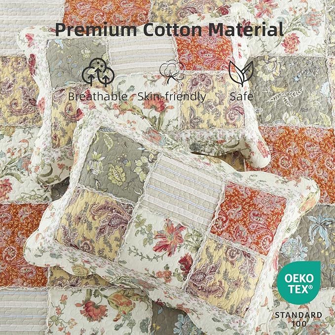Yvooxny 3-Piece Quilt Set King Size Quilted Bedspread Reversible Country Style Floral Real Patchwork Bedding Quilt Set with Ruffles with Pillowcases for All Seasons, 108 * 96 Inches
