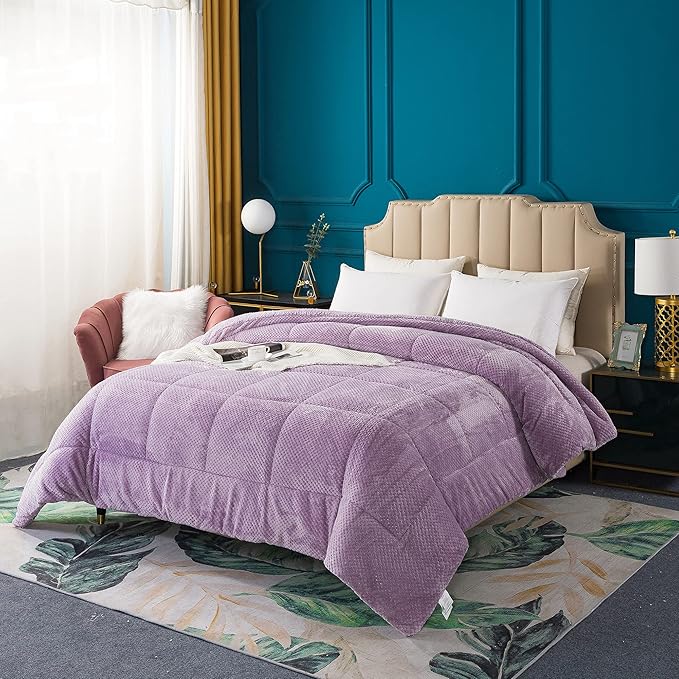 KASENTEX Super Ultra Soft Luxury Plush Sherpa Comforter, Cozy Reversible Faux Fur Machine Washable Bedding, Purple, King Size