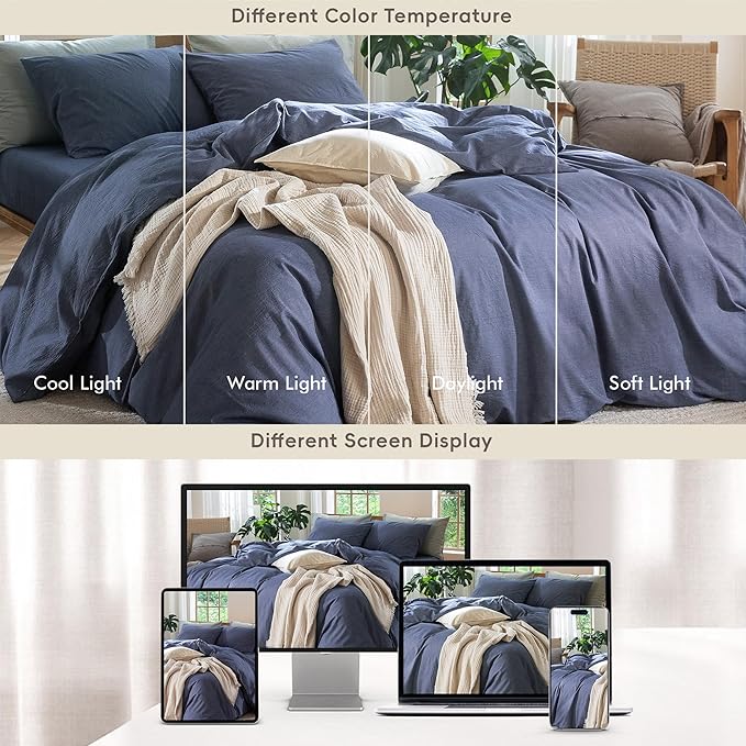MooMee Bedding Duvet Cover Set 100% Washed Cotton Linen Like Textured Breathable Durable Soft Comfy (Heathered Blue, Twin 68"x90")