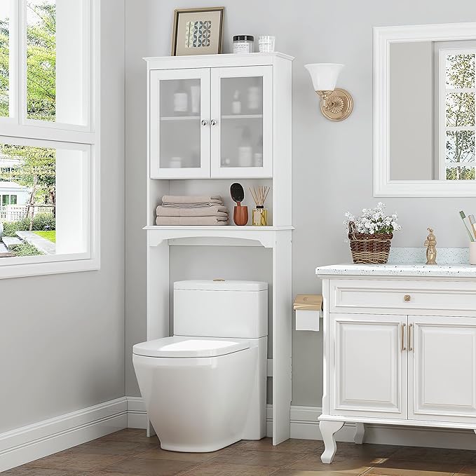 Spirich Over The Toilet Storage Cabinet, Above Toilet Storage Shelf with Glass Doors, Behind Toilet Bathroom Organizer, White