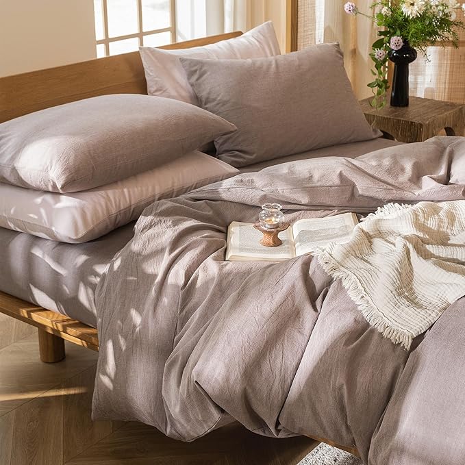 MooMee Bedding Duvet Cover Set 100% Washed Cotton Linen Like Textured Breathable Durable Soft Comfy (Heathered Mauve Brown, Queen 90"x90")