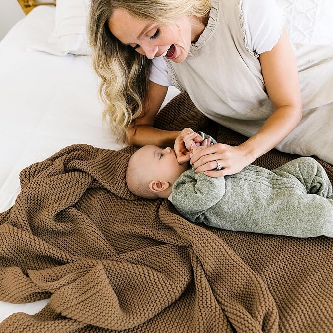 MakeMake Organics Organic Cotton Throw Blanket GOTS Certified Organic Knit Blanket Couch Bed Neutral Fall Colors Soft Cotton Throw Blanket Large (50x60, Brown)