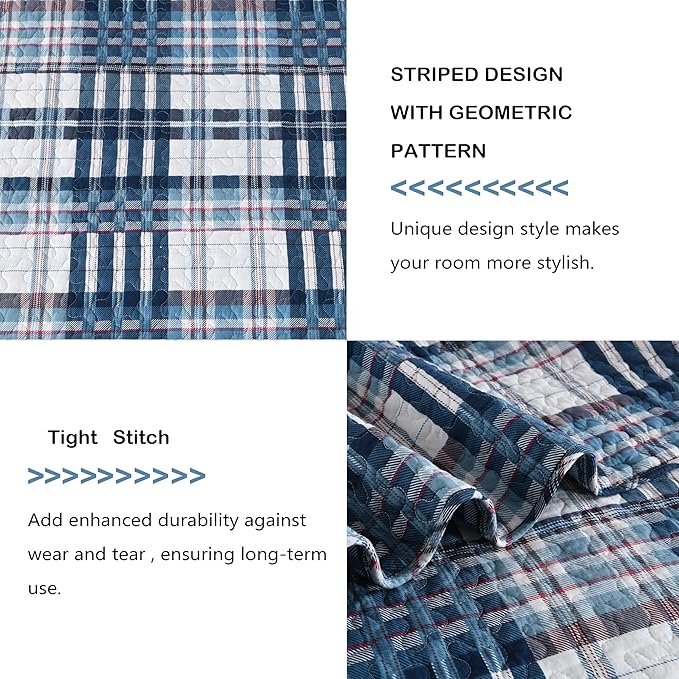 Quilts Queen Size, Cotton Queen Size Comforter Set, Blue White Striped Bedding Sets, Plaid Queen Bedspread,Striped Bed Set Lightweight Reversible All Season 3 Piece