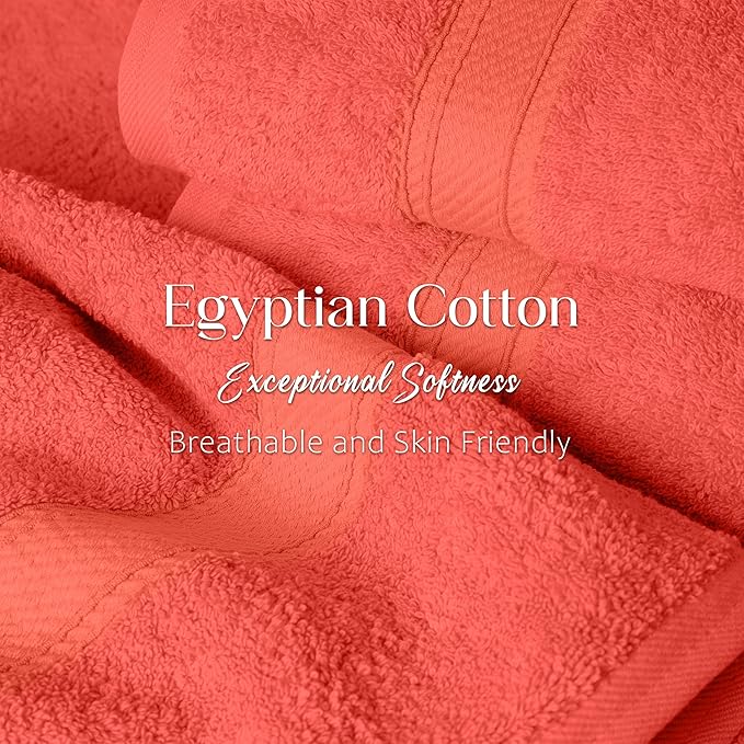 Superior Egyptian Cotton Pile Bath Towel Set of 2, Ultra Soft Luxury Towels, Thick Plush Essentials, Absorbent Heavyweight, Guest Bath, Hotel, Spa, Home Bathroom, Shower Basics, Coral