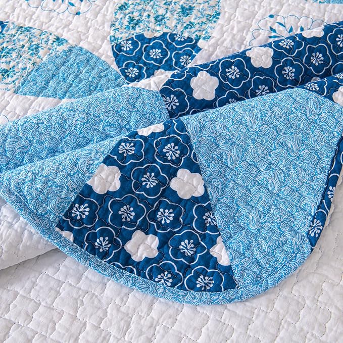 Cmfshape Blue Quilt Sets Bedspread Set 100% Cotton Patchwork Coin Pattern Bedding Set,All Season Use Lightweight Reversible Coverlet Quilts with 2 Pillow Shams(Queen 92"x96")