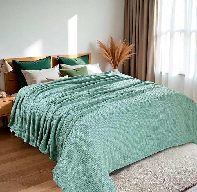 HILLFAIR 100% Soft Premium Combed Cotton Thermal Blanket– Twin XL Blankets – Soft Cozy Warm Bed Throw Twin Bed Blankets– All Season Cotton Blankets – Sage