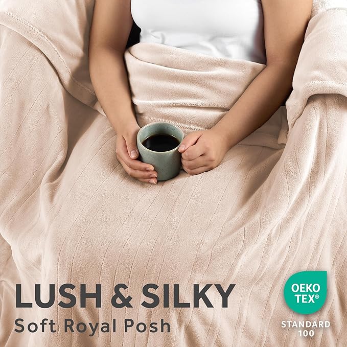 Sunbeam Electric Throw Royal Posh Velvet Heated Blanket, 4 Heat Settings, 4-Hour Auto Shut-Off, Fast Heating, Lush, Silky, and Ultra Comfy, Champagne Color, 50" x 60"