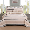 Homzard Quilts Queen Size, Cotton Comforter Set, Beige and Grey Queen Bed Set, Lightweight Striped Bedding, Farmhouse Reversible Bedspread All Season 3 Pieces