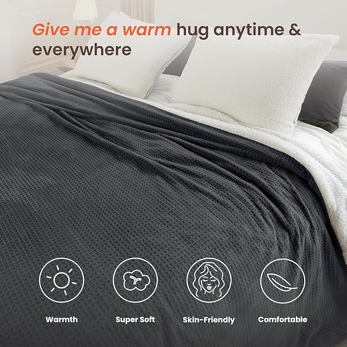 Heated Blanket Electric Blanket King Waffle, 90x100 Inches Dual Controllers Sherpa Fleece Fast Heating Blanket 6 Heating Levels & 10 Hours Auto Off ETL Certification,Charcoal Grey King