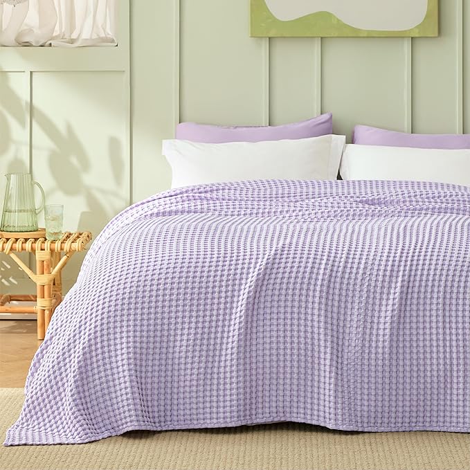 Bedsure Cooling Cotton Waffle Queen Size Blanket - Lightweight Breathable Blanket of Rayon Derived from Bamboo for Hot Sleepers, Luxury Throws for Bed, Couch and Sofa, Purple, 104x90 Inches