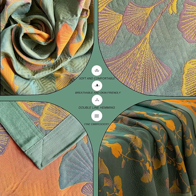 Ginkgo Leaf Cotton Quilt Dark Green Orange Reversible King Size Bedspread Coverlet for All Seasons Lightweight Muslin Quilt Throw Blanket for Bed, Couch