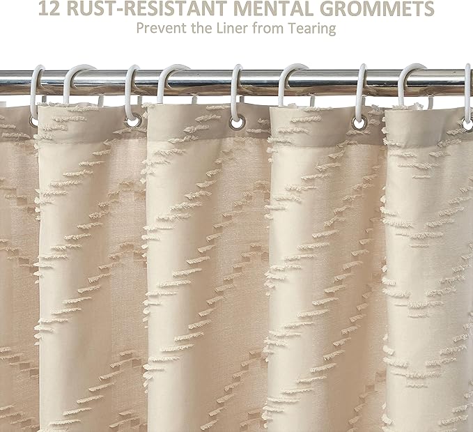 Farmhouse Boho Shower Curtain, Woven Fabric Beige Long, 72 x 78, Tufted Chevron Striped Modern Chic Textured Minimalist Bathroom Shower Curtain