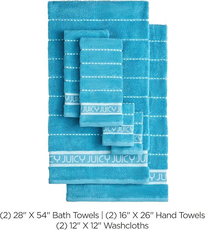 Juicy Couture Luxurious Plush Stripe 6-Piece Bath Towel Set - Pool Blue 100% Cotton - Soft and Stylish Towel Set for Ultimate Comfort and Elegance