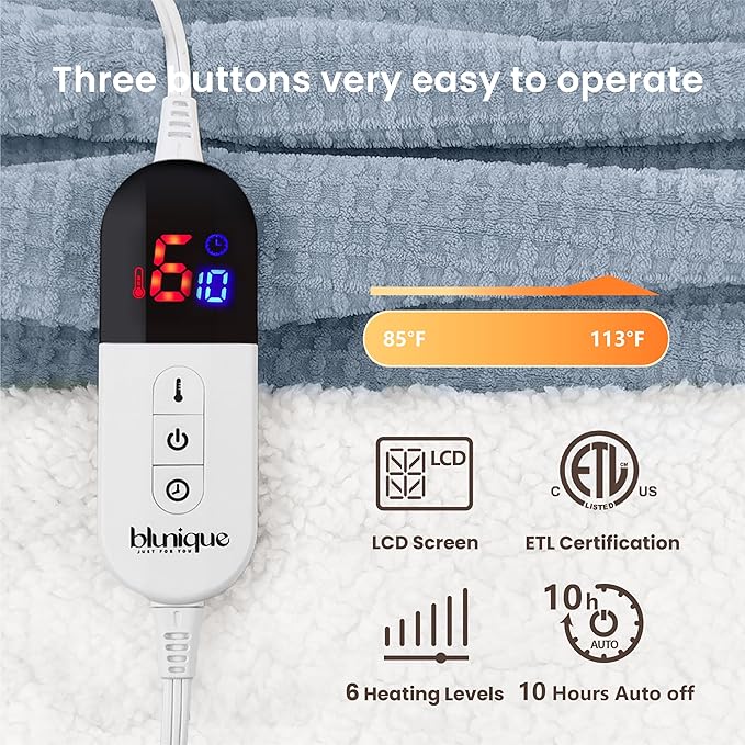 Electric Blanket Striped Twin, 72x84 Inches Sherpa Fleece Fast Heating Blanket 6 Heating Levels & 10 Hours Auto Off ETL Certification,Haze Blue Full