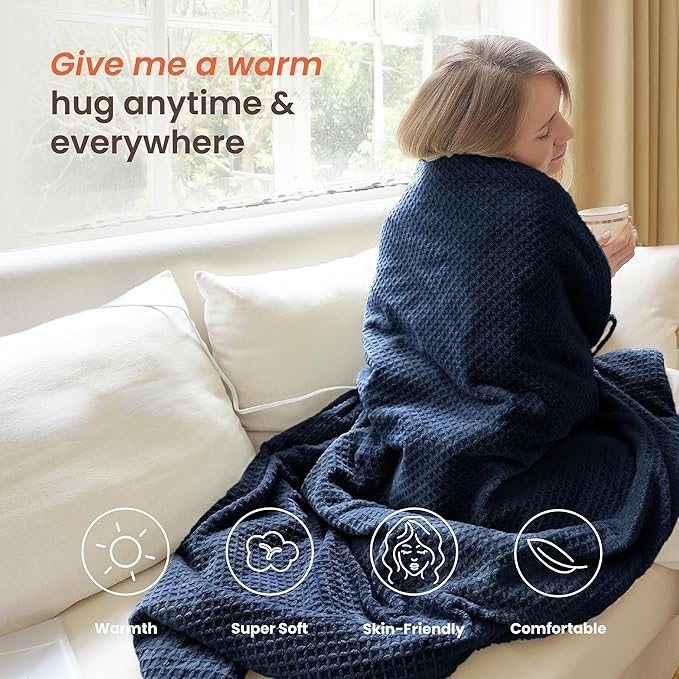 Heated Blanket Electric Blanket Twin Waffle, 62x84 Inches Sherpa Fleece Fast Heating Blanket 6 Heating Levels & 10 Hours Auto Off ETL Certification, Navy Twin