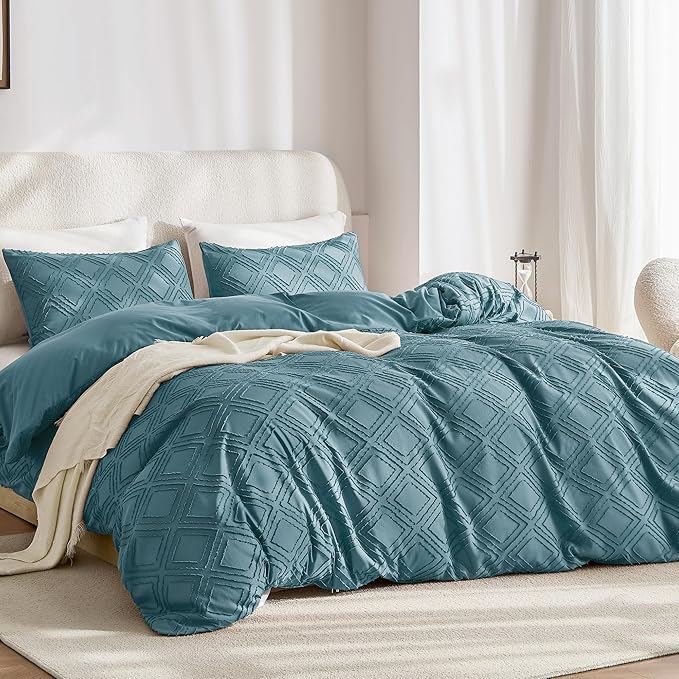 JELLYMONI Duvet Cover Full Size Grayish Blue - 3PCS Boho Duvet Cover Set Plaid Polyester Tufted Bohemian Jacquard Knit Textured Comforter Cover 80×90in Rhombic Geometric Pattern Corner Ties & Zipper