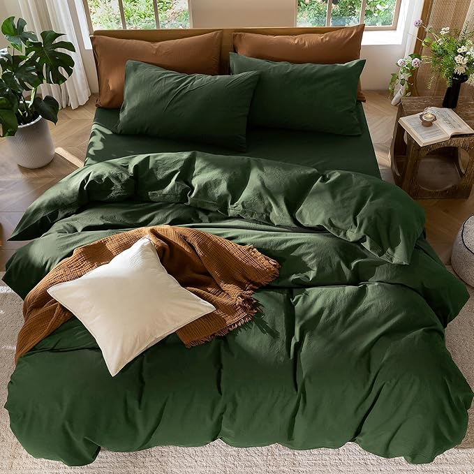 MooMee Bedding Duvet Cover Set 100% Washed Cotton Linen Like Textured Breathable Durable Soft Comfy (Solid Forest Green, King 104"x90")