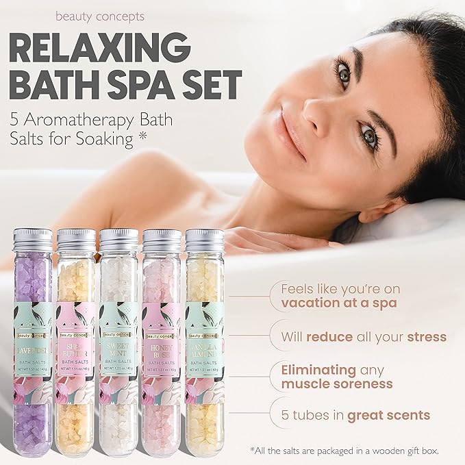 B.C. Beauty Concepts Aromatherapy Bath Salts- Epsom Salts for Soaking, Relaxing Bath Spa Set, Scented in Vanilla Almond, Shea Butter, Sweet Mint, Honey Rose, and Lavender, Sage Floral
