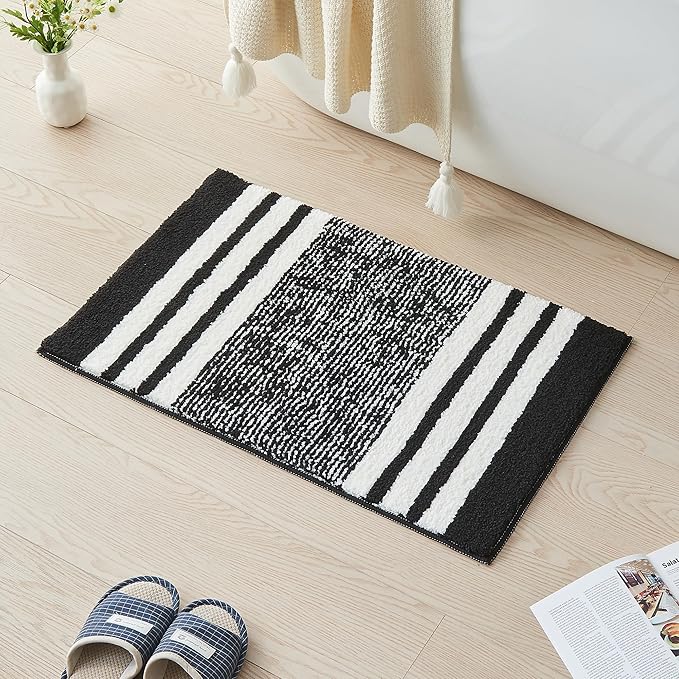 CozeCube Bath mats for Bathroom Non Slip, Fluffy Absorbent Microfiber Bath mat Washable, Aesthetic Bathroom Rugs, Small Jet Black Striped Bath mat, Jet Black, 24" x 16"