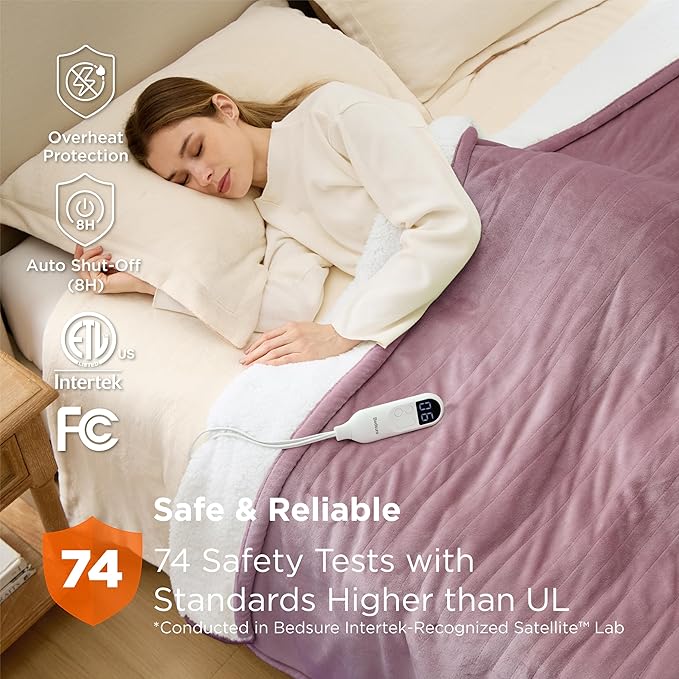 Bedsure Electric Twin Blanket - Soft Flannel & Sherpa, 6 Heat & 10 Time Settings, Purple, 62x84 inches