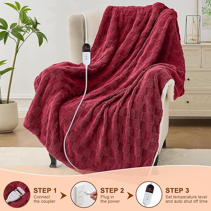 Electric Heated Blanket Twin Size - Jacquard Checkered Sherpa 62"x84" Fast Heating Bed Blankets with 6 Heating Levels & 10 Hours Auto Off, Over-Heat Protection ETL, Red