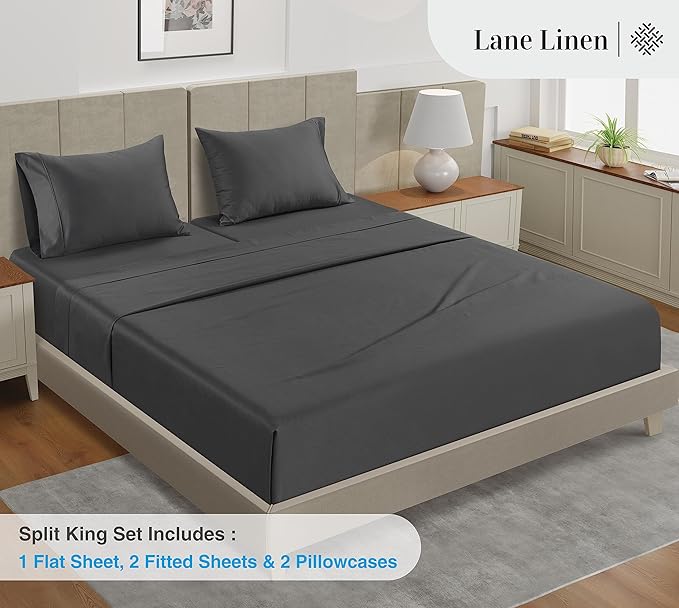 LANE LINEN Split King Cotton Sheets Sets for Adjustable Bed – 450 Thread Count Cooling Sateen Weave, Soft & Breathable, 15” Deep Pocket Fully Elasticized Fitted Sheet, Hotel Quality, Charcoal
