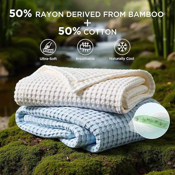 Bedsure Cooling Cotton Waffle Queen Size Blanket - Lightweight Breathable Blanket of Rayon Derived from Bamboo for Hot Sleepers, Luxury Throws for Bed, Couch and Sofa, Blue, 90x90 Inches