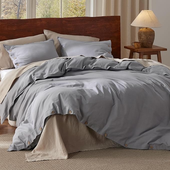 Bedsure Linen Duvet Cover King - Linen Cotton Blend Bedding Set, Soft & Cozy, 3 Pieces, 1 Duvet Cover 104x90 Inches and 2 Pillowcases, Silver Grey Color Cooling Bedding, Comforter Sold Separately